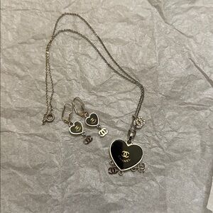 Vintage CHANEL Black and Silver Heart Charm Necklace and Earrings set